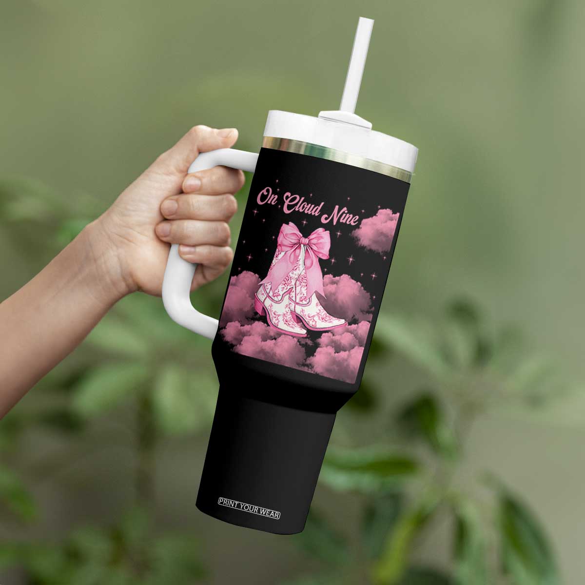 On Cloud Nine Tumbler With Handle 9th Birthday Bday Girl Pink Coquette Cowgirl Boots TS11 Print Your Wear
