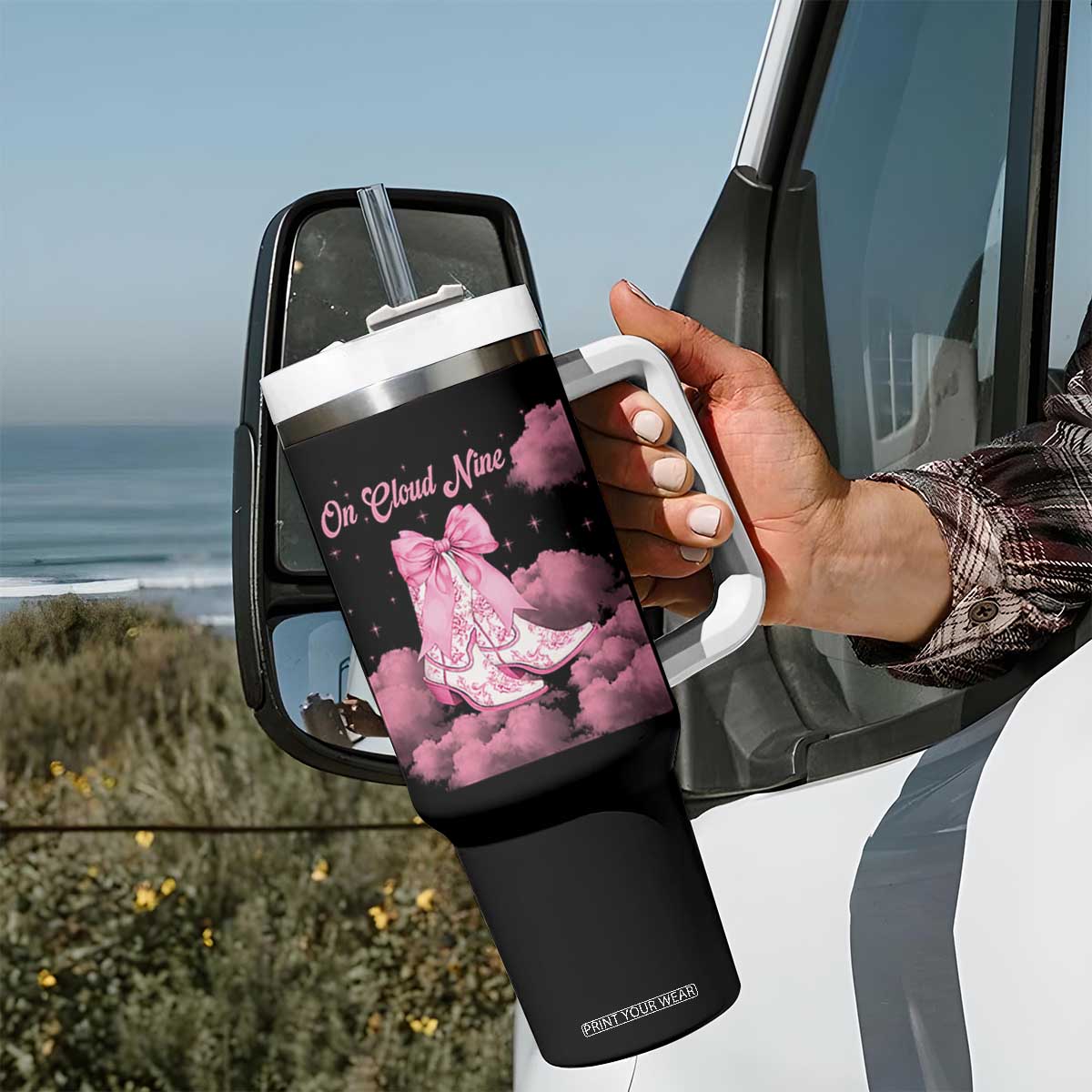 On Cloud Nine Tumbler With Handle 9th Birthday Bday Girl Pink Coquette Cowgirl Boots TS11 Print Your Wear