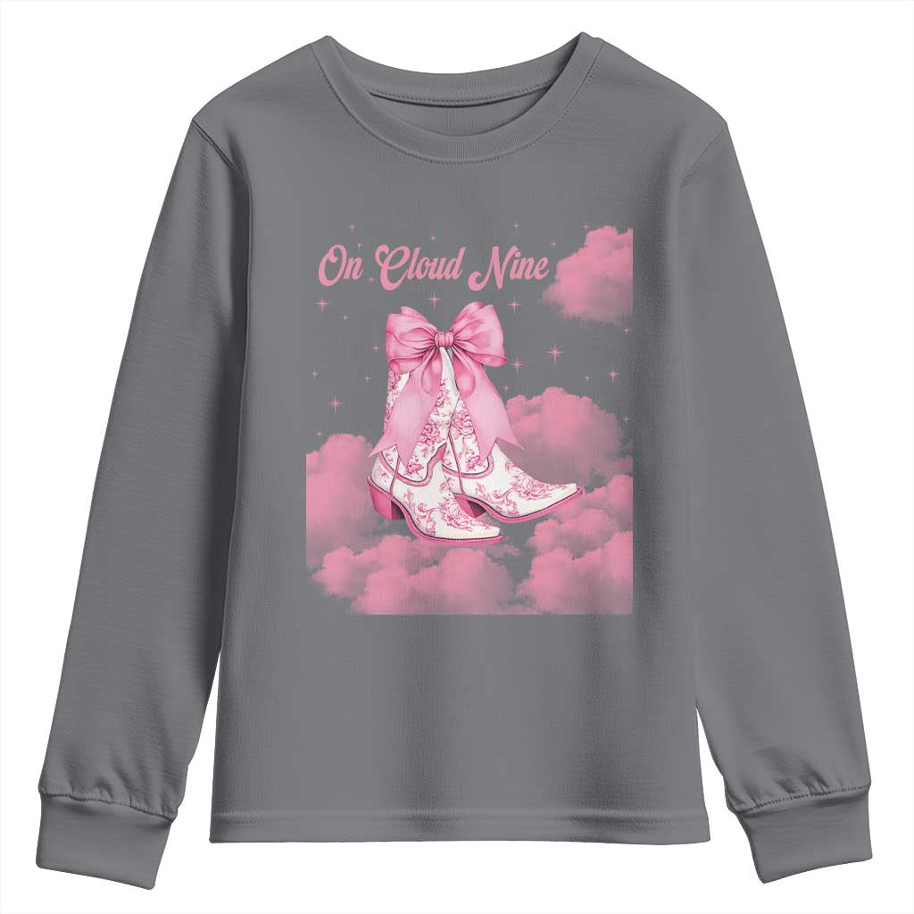 On Cloud Nine Youth Sweatshirt 9th Birthday Bday Girl Pink Coquette Cowgirl Boots TS11 Charcoal Print Your Wear