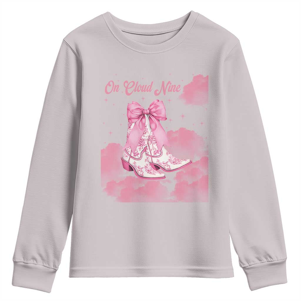 On Cloud Nine Youth Sweatshirt 9th Birthday Bday Girl Pink Coquette Cowgirl Boots TS11 Ice Gray Print Your Wear