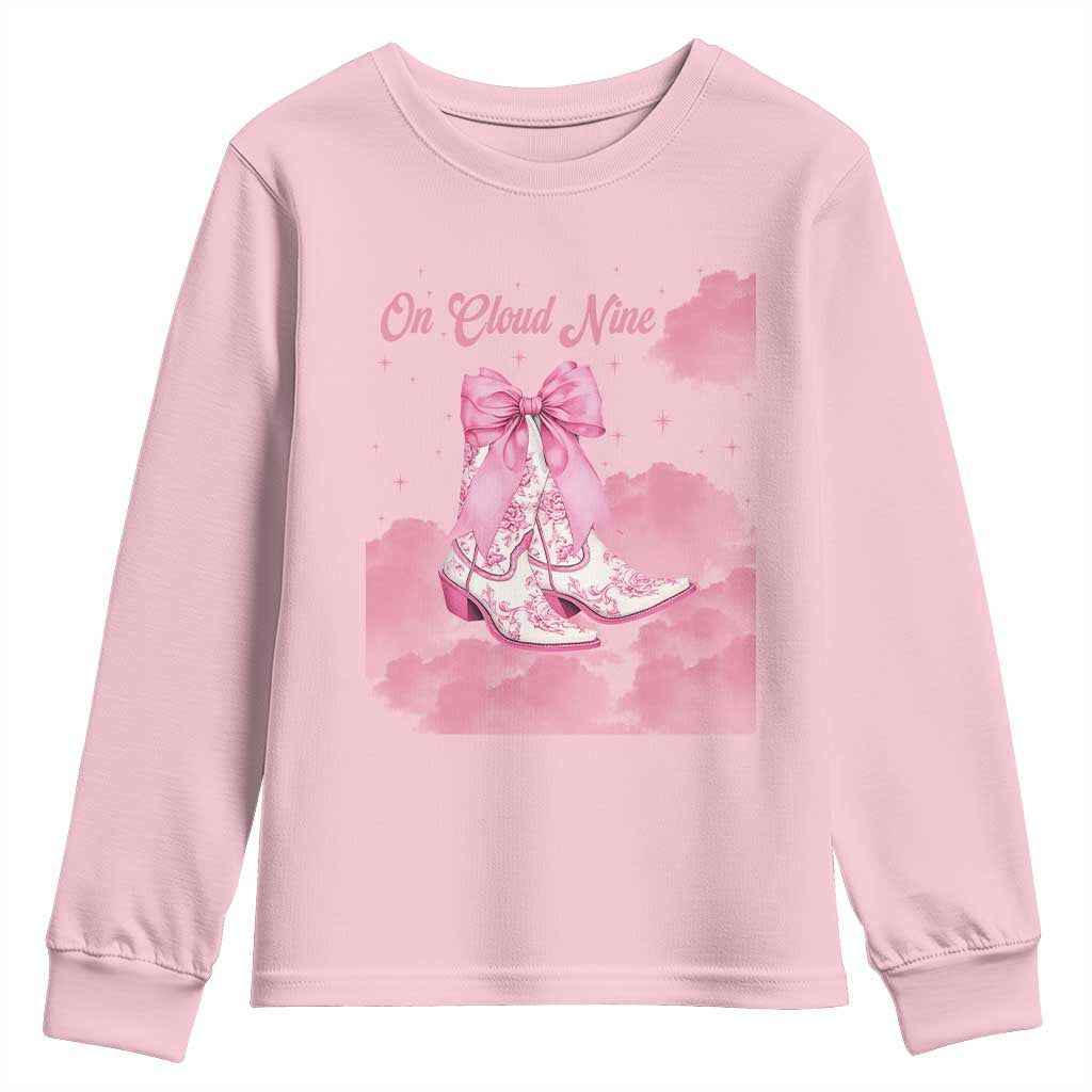 On Cloud Nine Youth Sweatshirt 9th Birthday Bday Girl Pink Coquette Cowgirl Boots TS11 Light Pink Print Your Wear