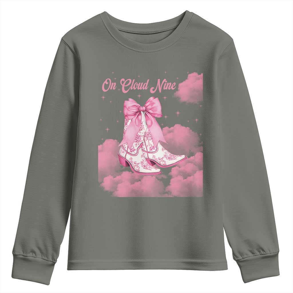 On Cloud Nine Youth Sweatshirt 9th Birthday Bday Girl Pink Coquette Cowgirl Boots TS11 Military Green Print Your Wear