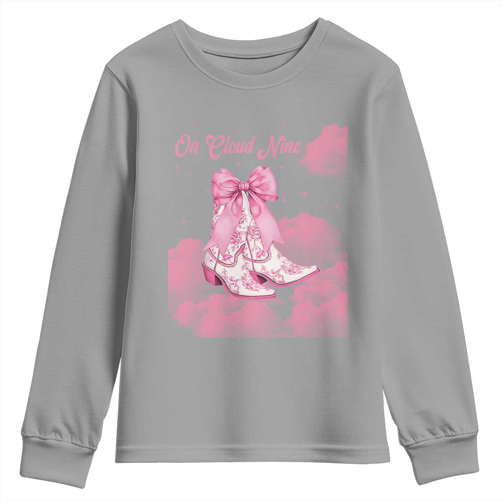 On Cloud Nine Youth Sweatshirt 9th Birthday Bday Girl Pink Coquette Cowgirl Boots TS11 Sport Gray Print Your Wear