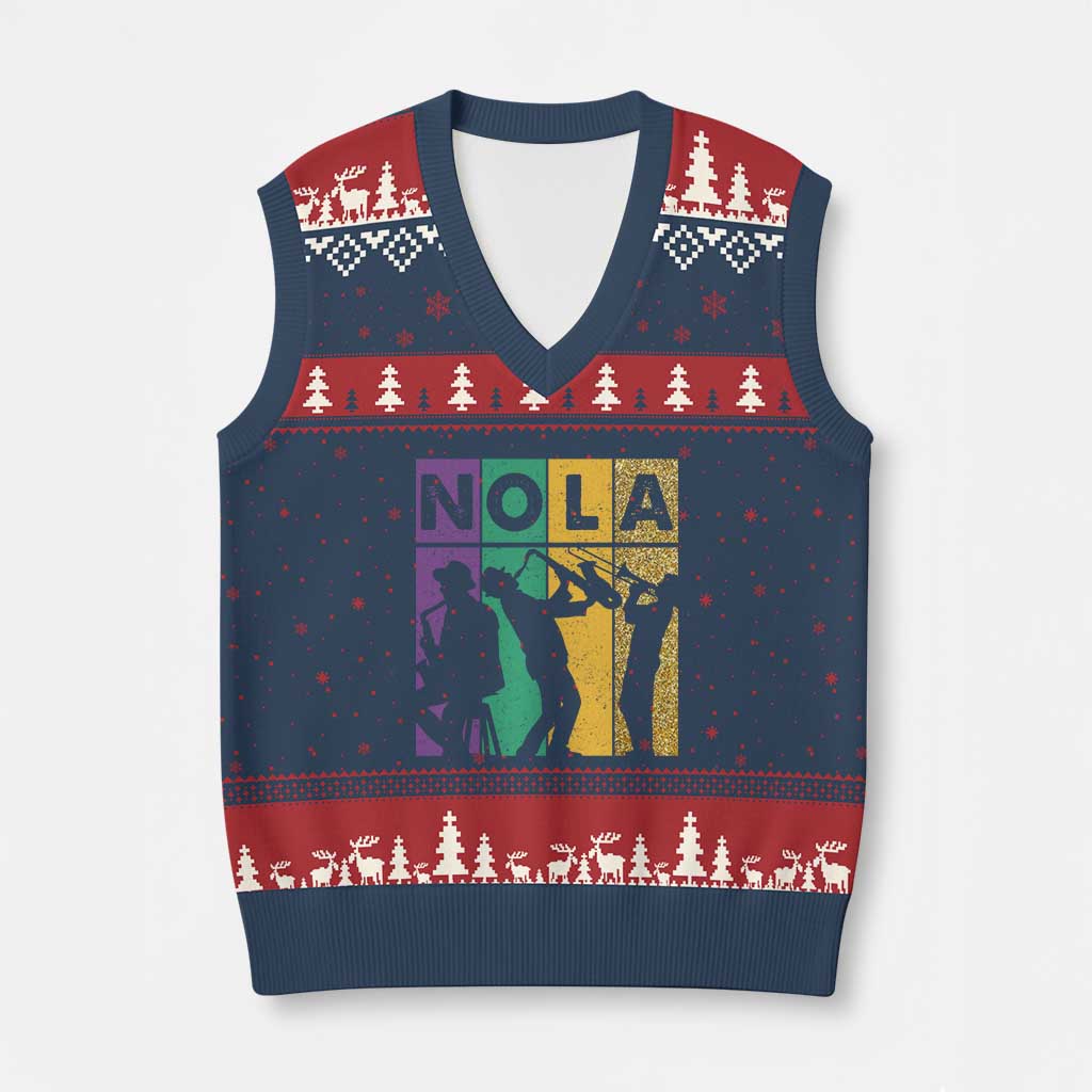 Mardi Gras NOLA New Orleans Carnival Jazz Music Glitter Print V-Neck Knit Sweater Vest TS11 Navy Red Print Your Wear