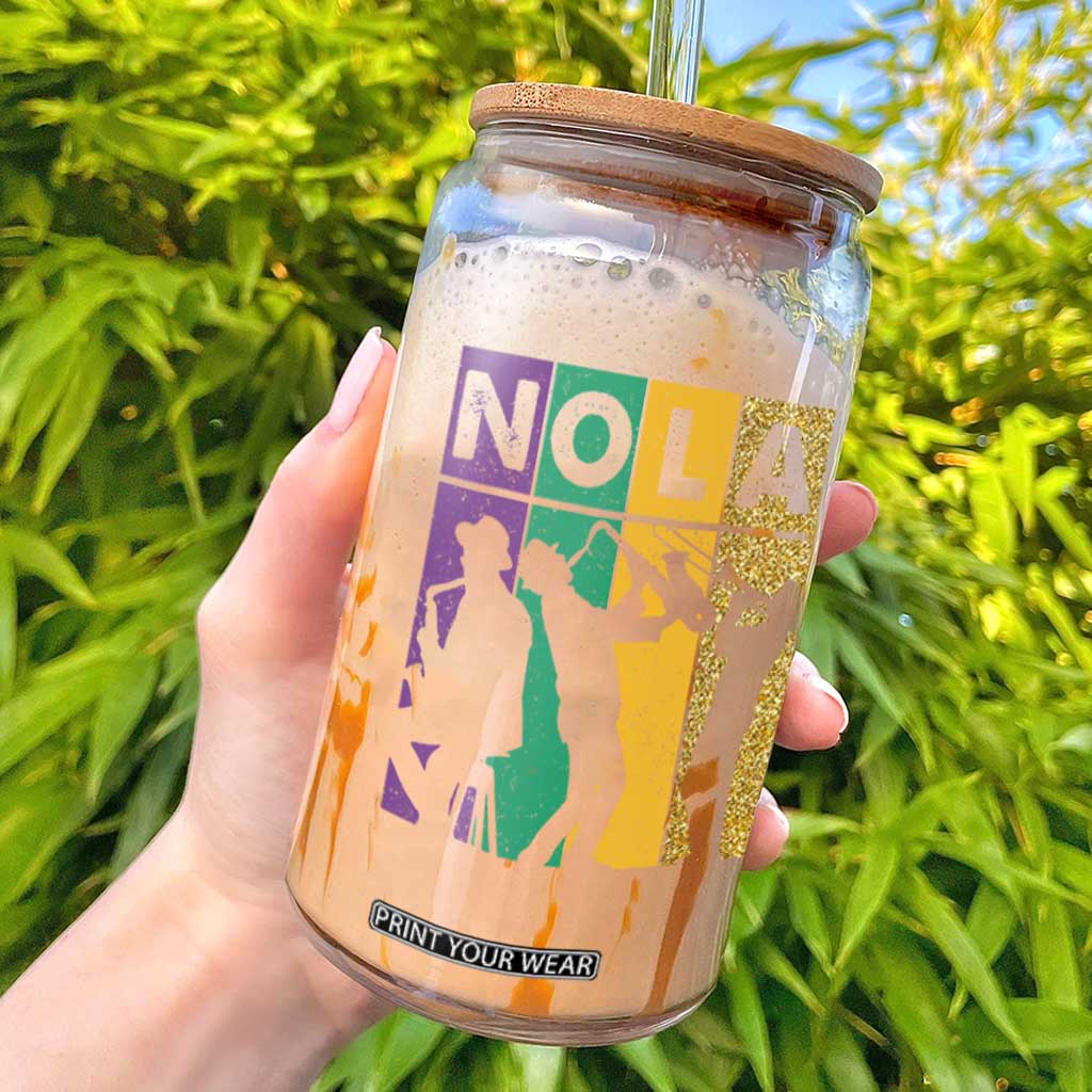 Mardi Gras NOLA New Orleans Carnival Jazz Music Glitter Print Glass Can TS11 Black Print Your Wear