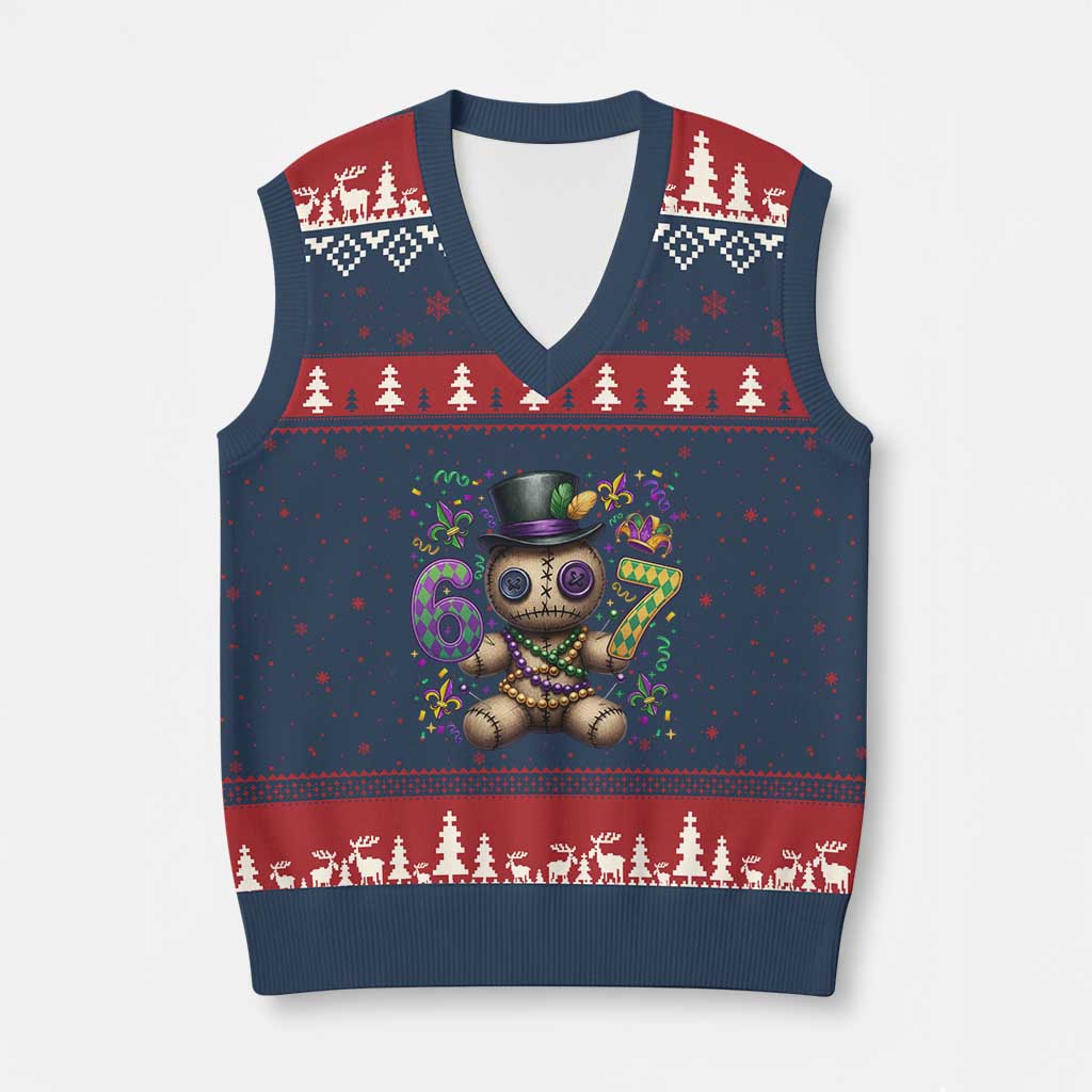 Funny Mardi Gras 67 Voodoo Doll V-Neck Knit Sweater Vest Fat Tuesday Six Seven Meme TS11 Navy Red Print Your Wear