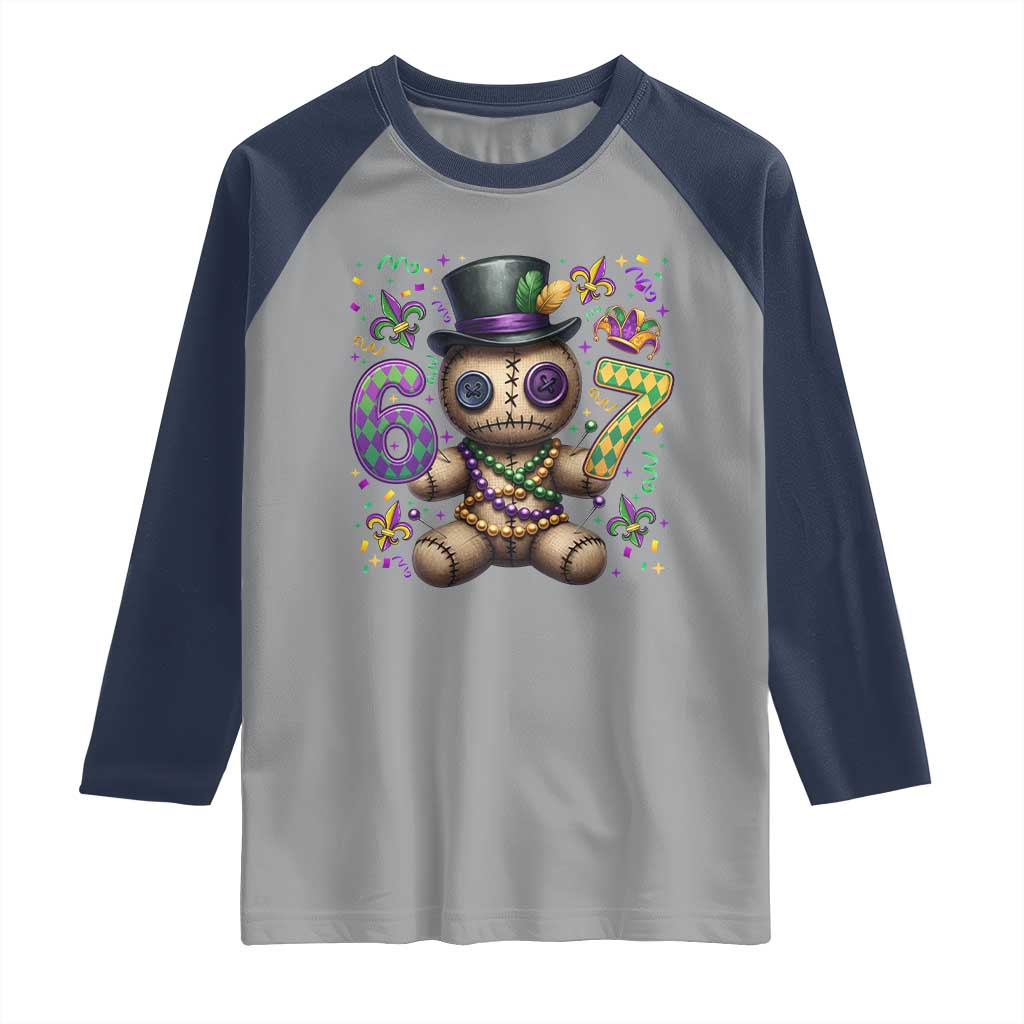 Funny Mardi Gras 67 Voodoo Doll Raglan Shirt Fat Tuesday Six Seven Meme TS11 Sport Gray Navy Print Your Wear