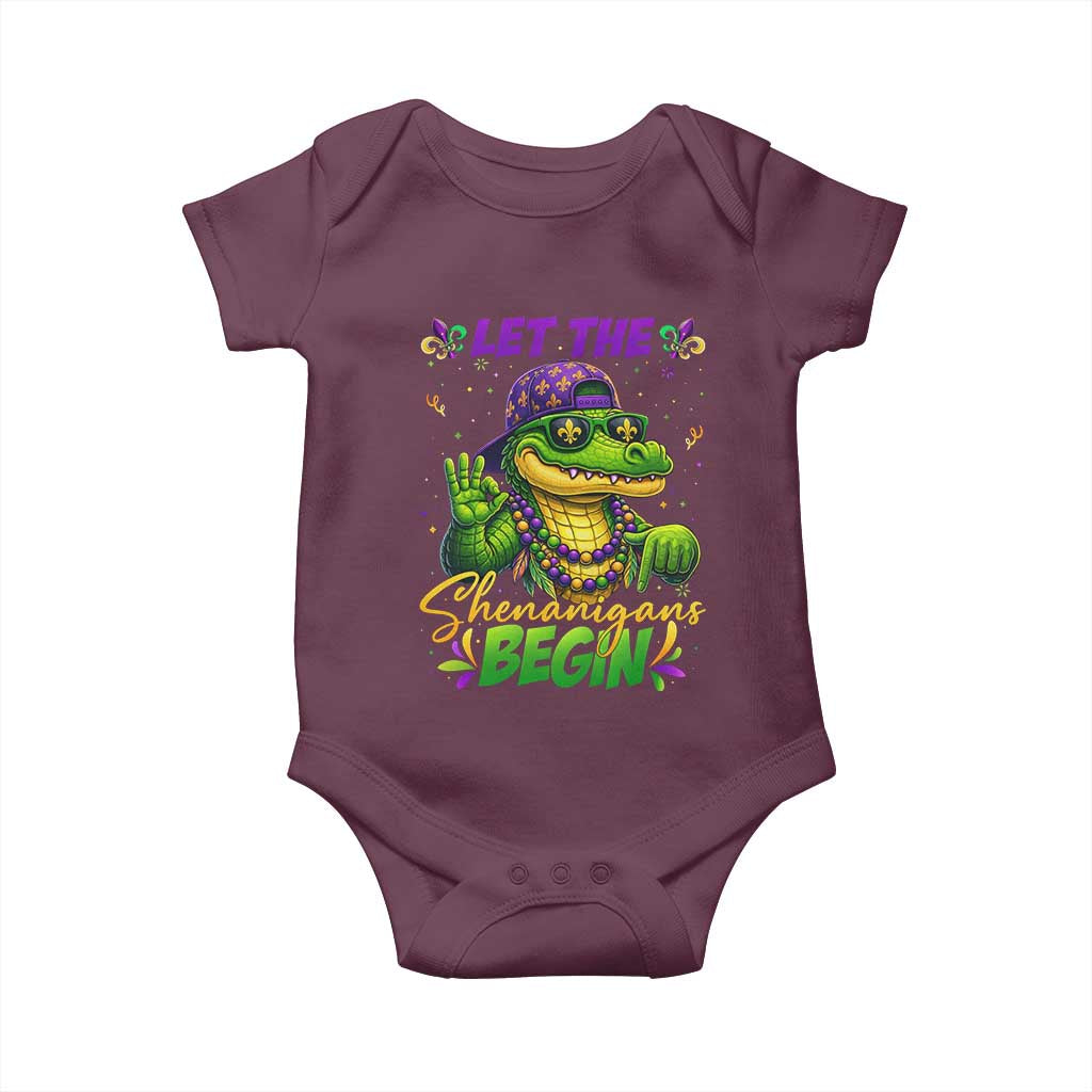 Let The Shenanigans Begin Mardi Gras 67 Meme Baby Onesie Funny Alligator Mardigator Six Seven TS11 Maroon Print Your Wear