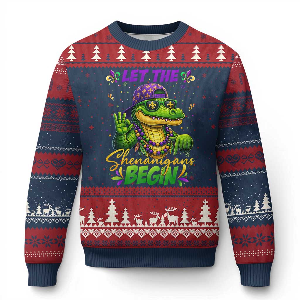 Let The Shenanigans Begin Mardi Gras 67 Meme Ugly Christmas Sweater Funny Alligator Mardigator Six Seven TS11 Navy Red Print Your Wear