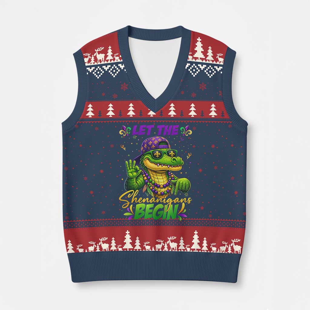 Let The Shenanigans Begin Mardi Gras 67 Meme V-Neck Knit Sweater Vest Funny Alligator Mardigator Six Seven TS11 Navy Red Print Your Wear