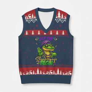Let The Shenanigans Begin Mardi Gras 67 Meme V-Neck Knit Sweater Vest Funny Alligator Mardigator Six Seven TS11 Navy Red Print Your Wear