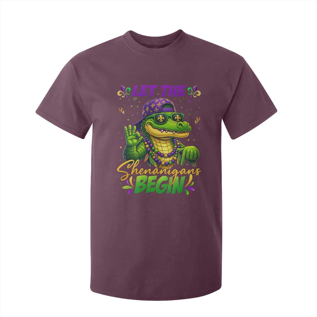 Let The Shenanigans Begin Mardi Gras 67 Meme T Shirt For Kid Funny Alligator Mardigator Six Seven TS11 Maroon Print Your Wear