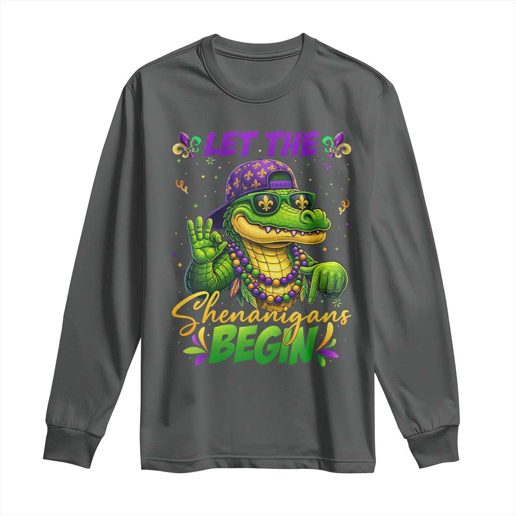 Let The Shenanigans Begin Mardi Gras 67 Meme Long Sleeve Shirt Funny Alligator Mardigator Six Seven TS11 Dark Heather Print Your Wear