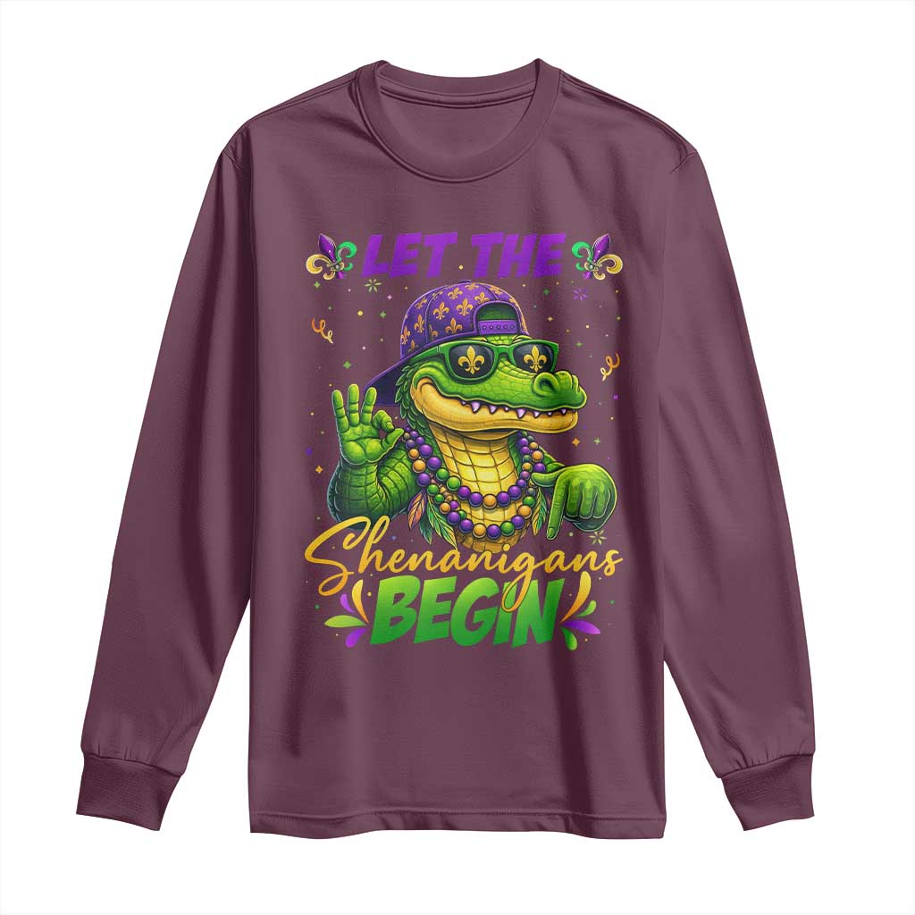 Let The Shenanigans Begin Mardi Gras 67 Meme Long Sleeve Shirt Funny Alligator Mardigator Six Seven TS11 Maroon Print Your Wear