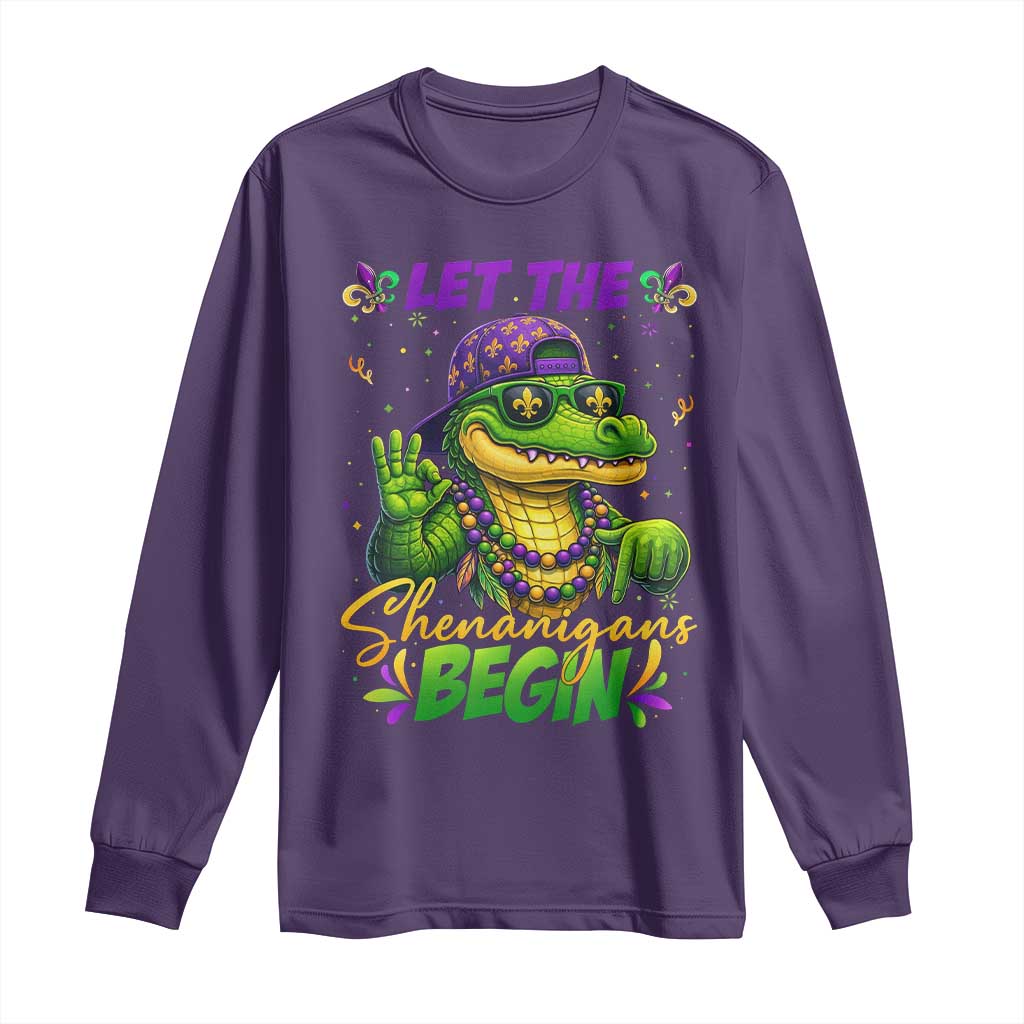 Let The Shenanigans Begin Mardi Gras 67 Meme Long Sleeve Shirt Funny Alligator Mardigator Six Seven TS11 Purple Print Your Wear