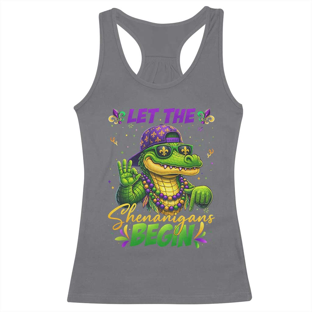 Let The Shenanigans Begin Mardi Gras 67 Meme Racerback Tank Top Funny Alligator Mardigator Six Seven TS11 Charcoal Print Your Wear