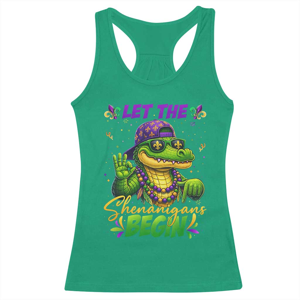 Let The Shenanigans Begin Mardi Gras 67 Meme Racerback Tank Top Funny Alligator Mardigator Six Seven TS11 Irish Green Print Your Wear