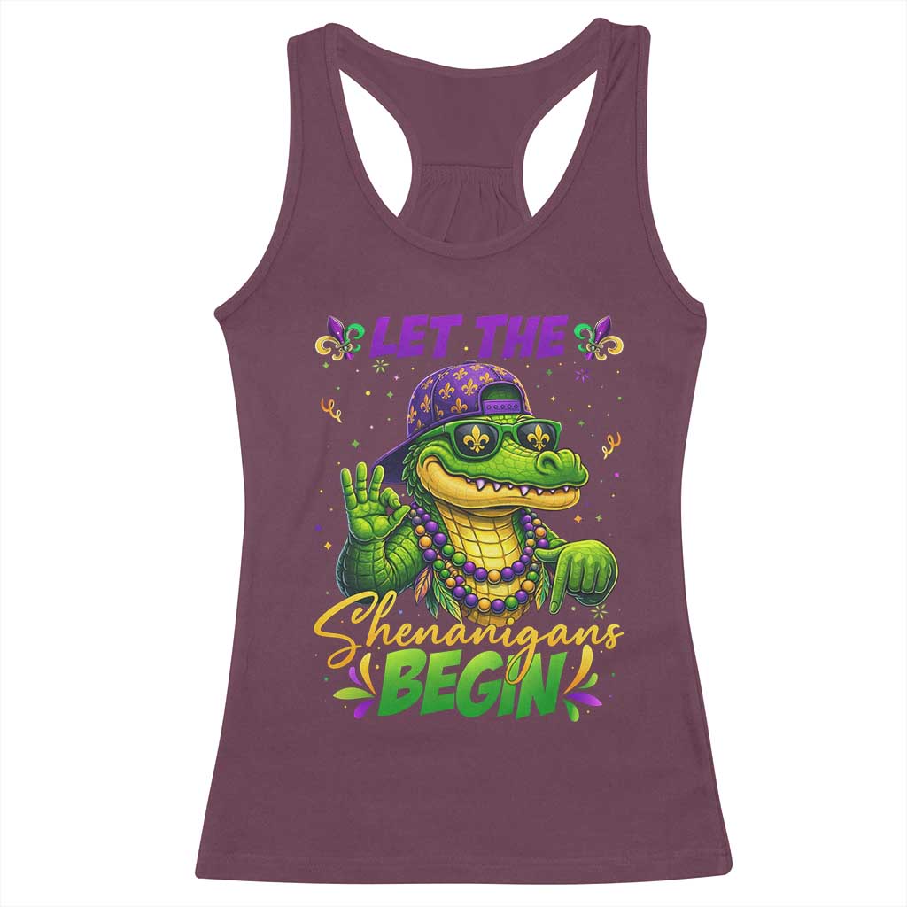 Let The Shenanigans Begin Mardi Gras 67 Meme Racerback Tank Top Funny Alligator Mardigator Six Seven TS11 Maroon Print Your Wear
