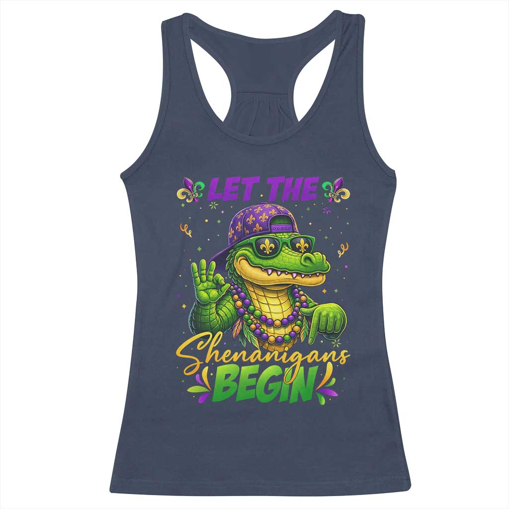 Let The Shenanigans Begin Mardi Gras 67 Meme Racerback Tank Top Funny Alligator Mardigator Six Seven TS11 Navy Print Your Wear