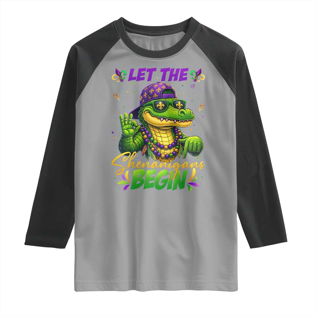 Let The Shenanigans Begin Mardi Gras 67 Meme Raglan Shirt Funny Alligator Mardigator Six Seven TS11 Sport Gray Black Print Your Wear