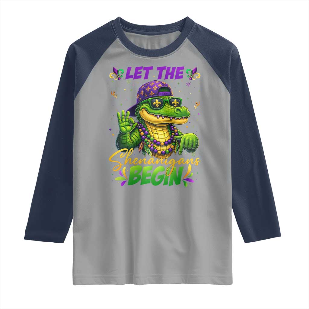 Let The Shenanigans Begin Mardi Gras 67 Meme Raglan Shirt Funny Alligator Mardigator Six Seven TS11 Sport Gray Navy Print Your Wear