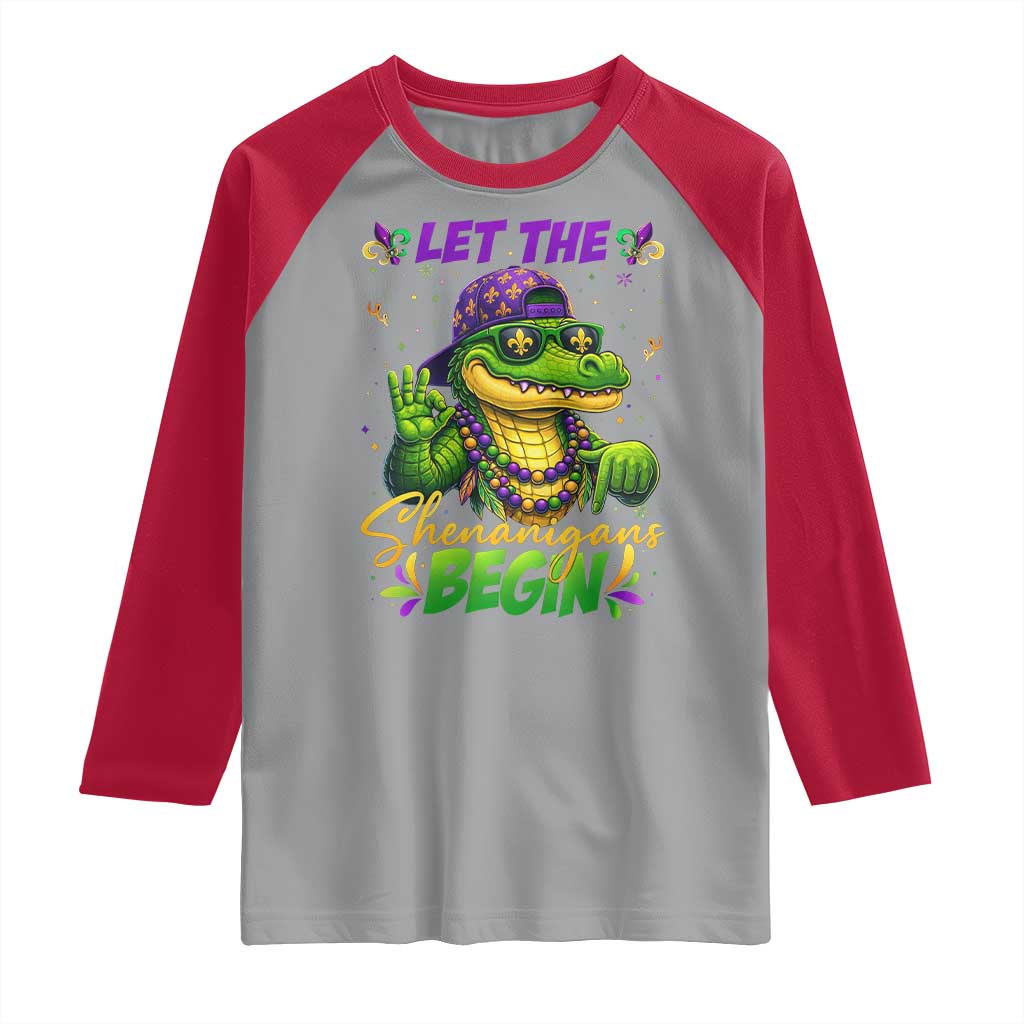 Let The Shenanigans Begin Mardi Gras 67 Meme Raglan Shirt Funny Alligator Mardigator Six Seven TS11 Sport Gray Red Print Your Wear