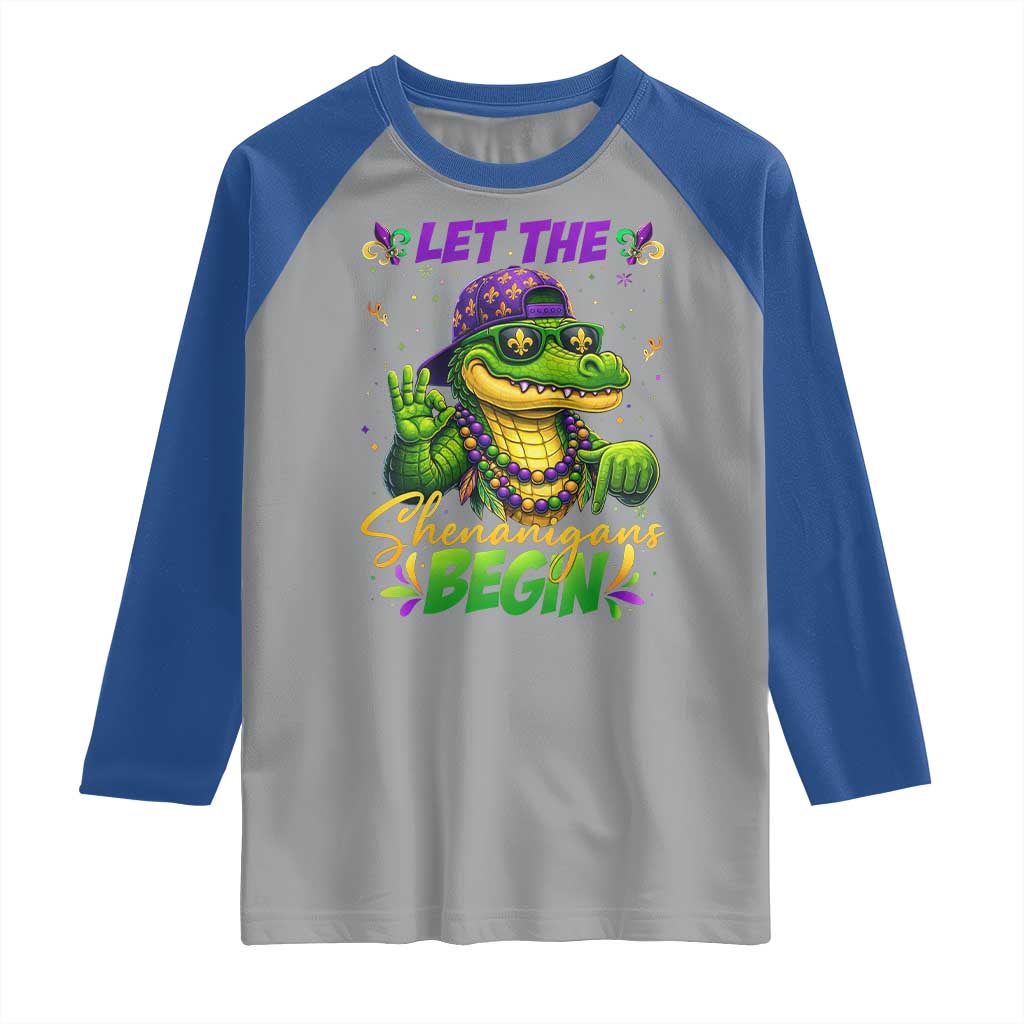 Let The Shenanigans Begin Mardi Gras 67 Meme Raglan Shirt Funny Alligator Mardigator Six Seven TS11 Sport Gray Royal Print Your Wear