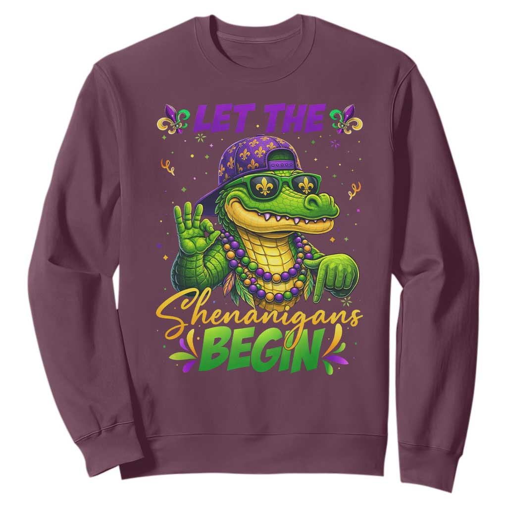 Let The Shenanigans Begin Mardi Gras 67 Meme Sweatshirt Funny Alligator Mardigator Six Seven TS11 Maroon Print Your Wear