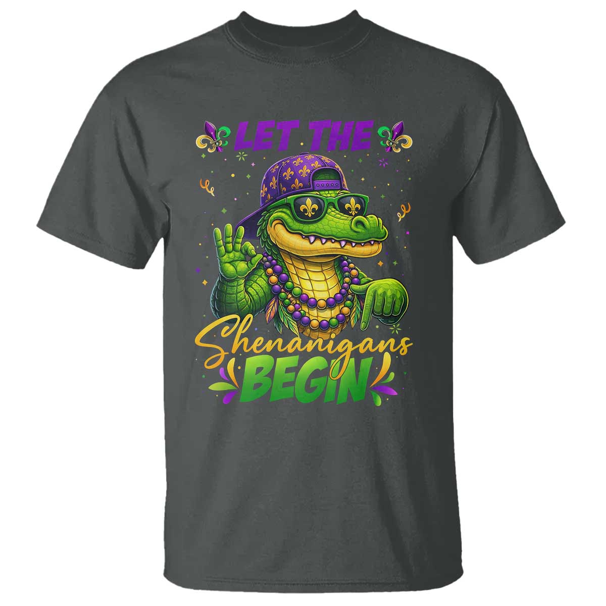 Let The Shenanigans Begin Mardi Gras 67 Meme T Shirt Funny Alligator Mardigator Six Seven TS11 Dark Heather Print Your Wear