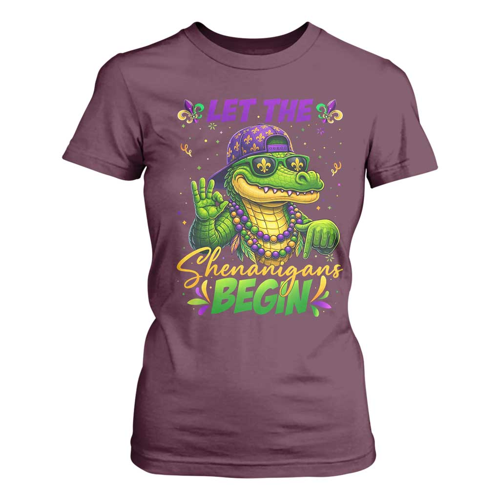 Let The Shenanigans Begin Mardi Gras 67 Meme T Shirt For Women Funny Alligator Mardigator Six Seven TS11 Maroon Print Your Wear