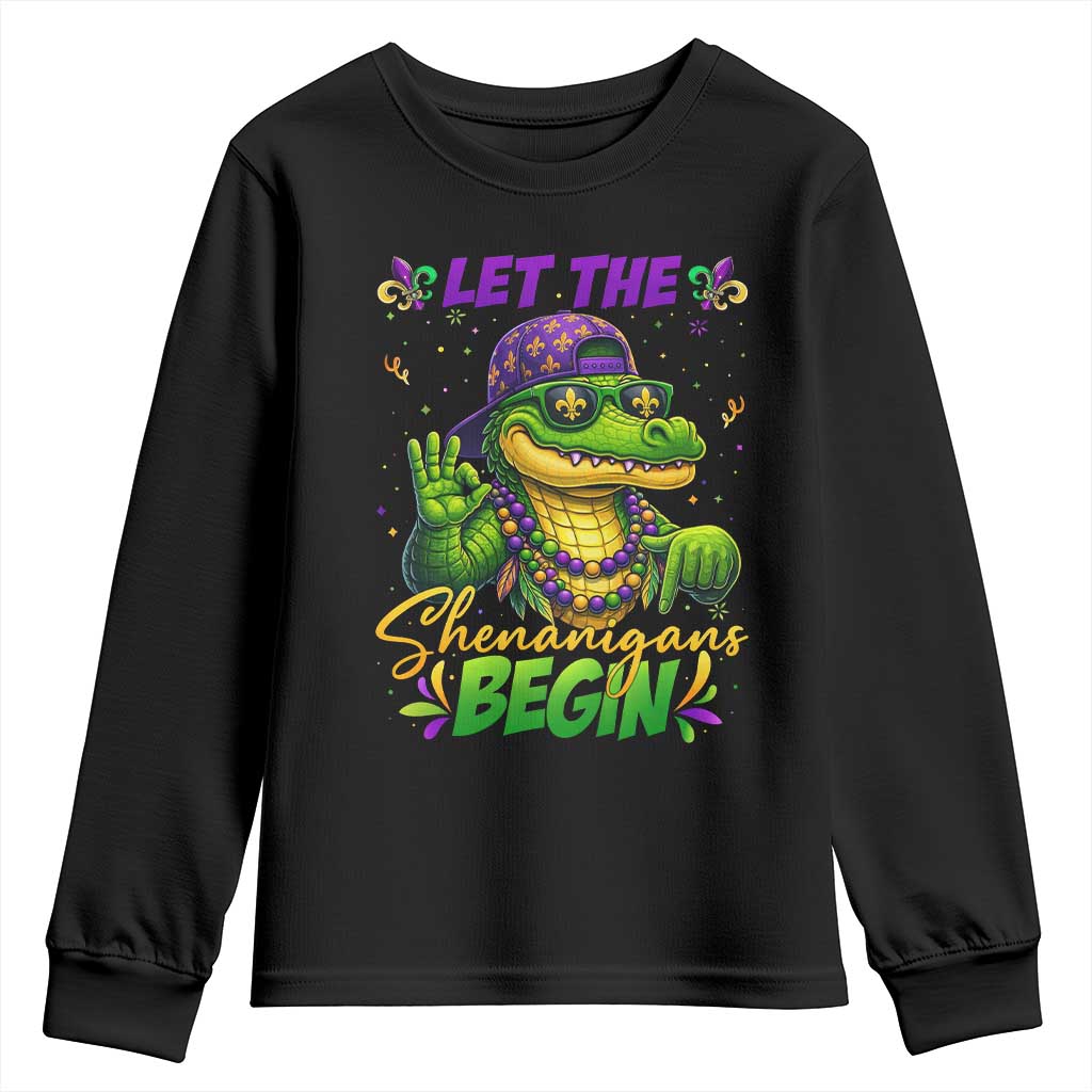 Let The Shenanigans Begin Mardi Gras 67 Meme Youth Sweatshirt Funny Alligator Mardigator Six Seven TS11 Black Print Your Wear
