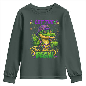 Let The Shenanigans Begin Mardi Gras 67 Meme Youth Sweatshirt Funny Alligator Mardigator Six Seven TS11 Dark Forest Green Print Your Wear