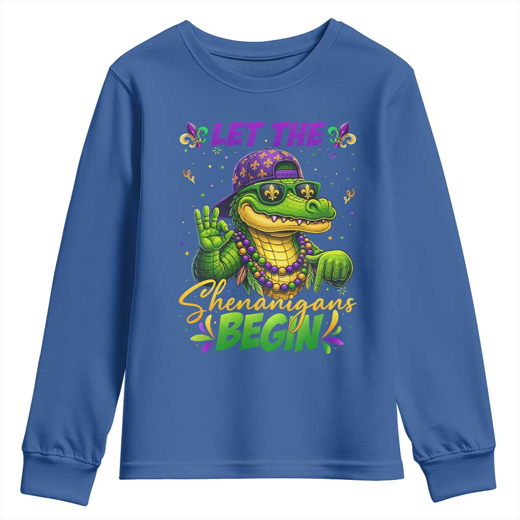 Let The Shenanigans Begin Mardi Gras 67 Meme Youth Sweatshirt Funny Alligator Mardigator Six Seven TS11 Royal Blue Print Your Wear