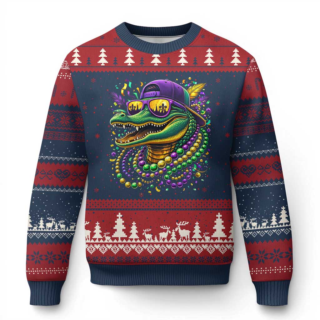 Mardigator Mardi Gras Alligator Carnival Beads Ugly Christmas Sweater TS11 Navy Red Print Your Wear