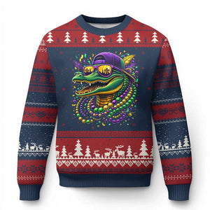 Mardigator Mardi Gras Alligator Carnival Beads Ugly Christmas Sweater TS11 Navy Red Print Your Wear