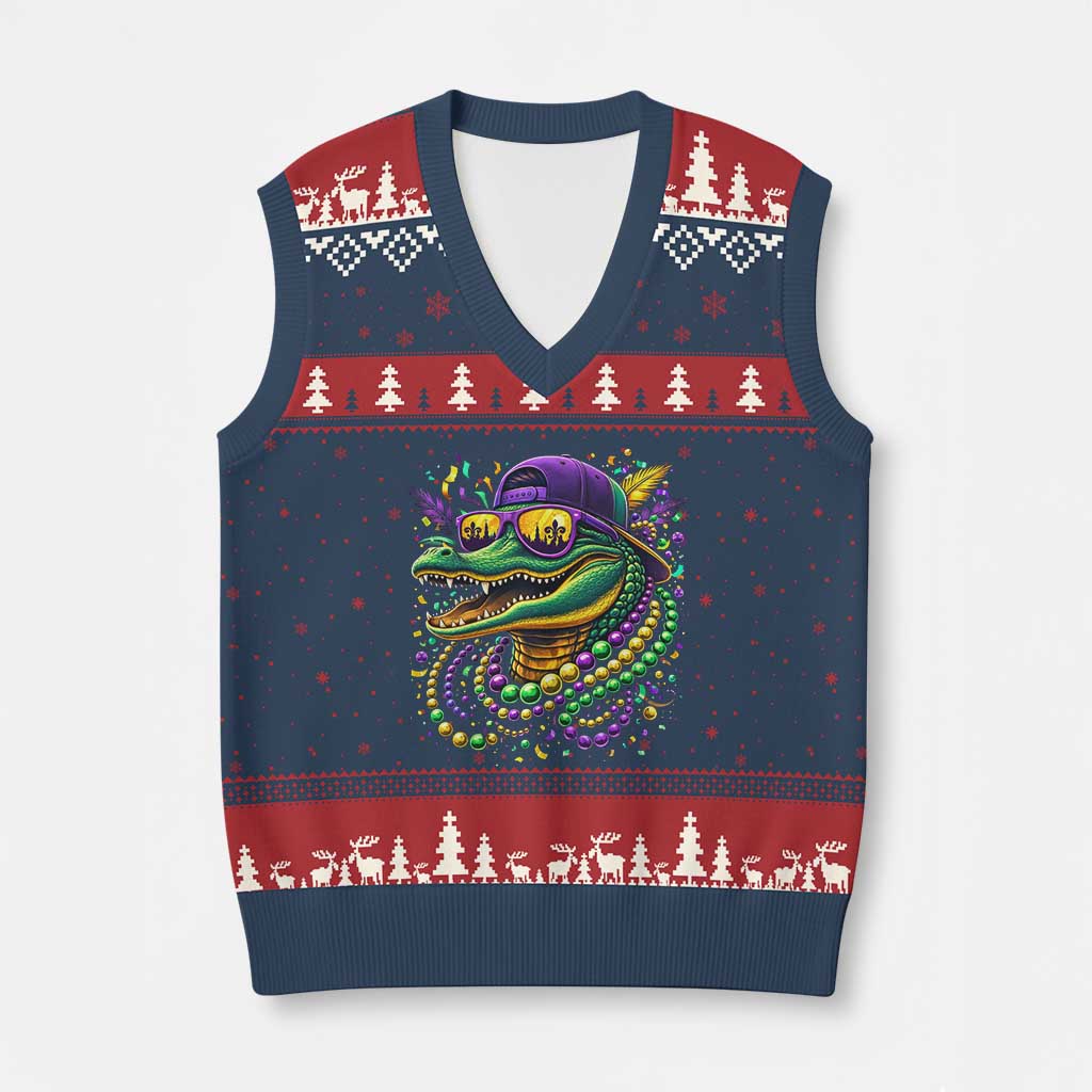 Mardigator Mardi Gras Alligator Carnival Beads V-Neck Knit Sweater Vest TS11 Navy Red Print Your Wear