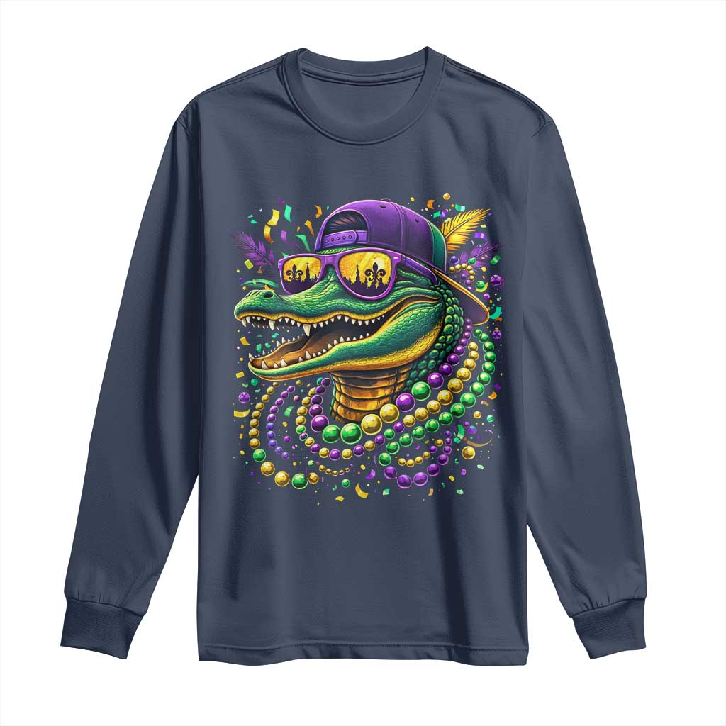 Mardigator Mardi Gras Alligator Carnival Beads Long Sleeve Shirt TS11 Navy Print Your Wear
