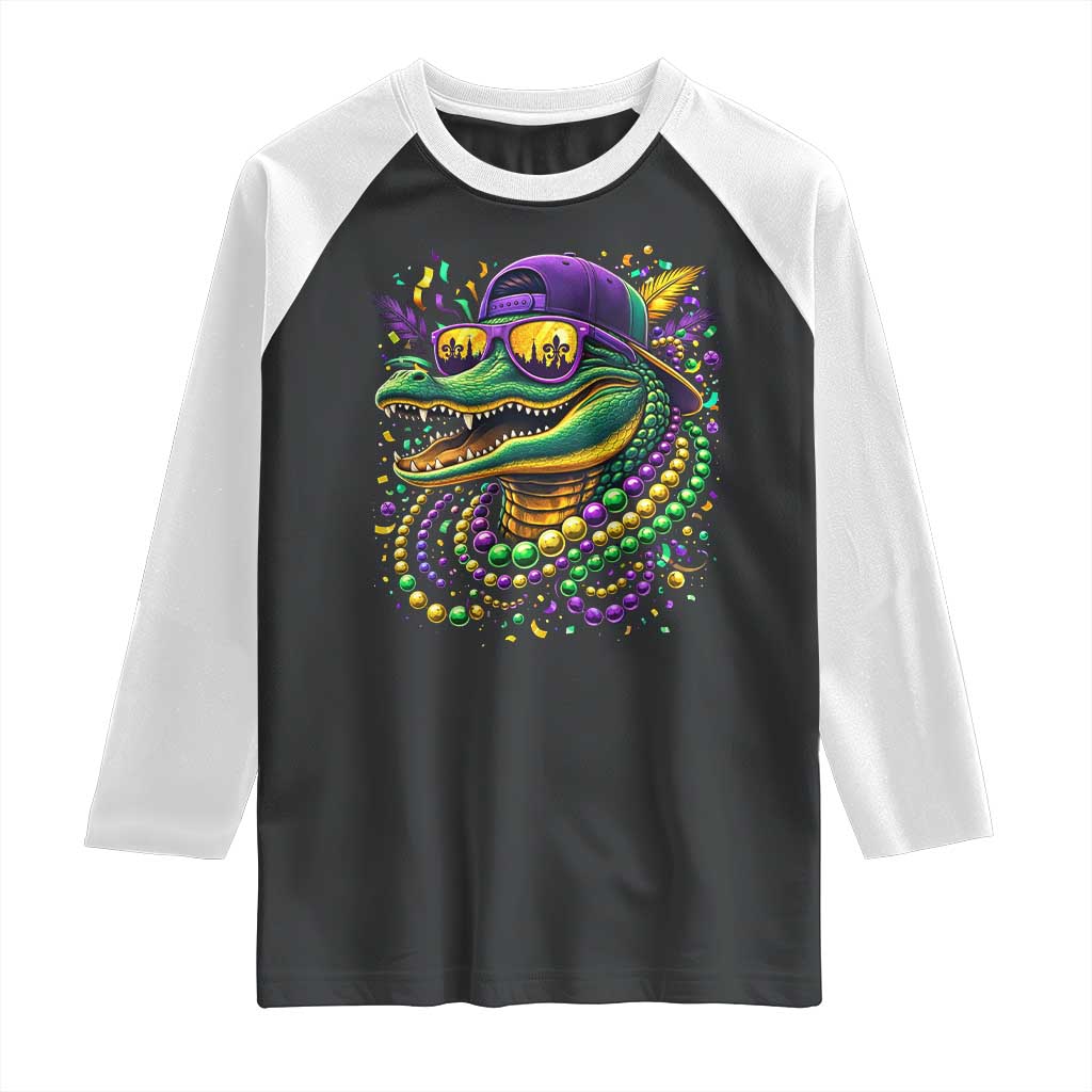 Mardigator Mardi Gras Alligator Carnival Beads Raglan Shirt TS11 Black White Print Your Wear