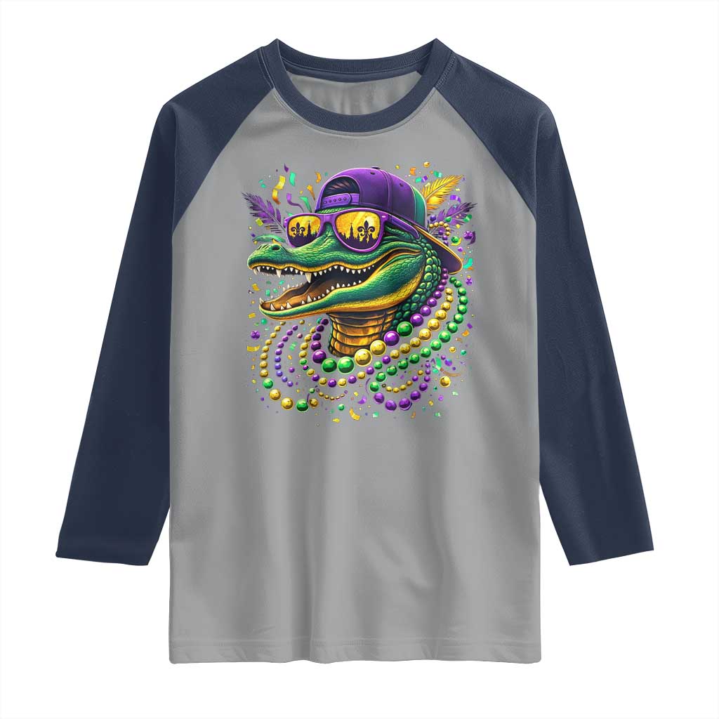 Mardigator Mardi Gras Alligator Carnival Beads Raglan Shirt TS11 Sport Gray Navy Print Your Wear