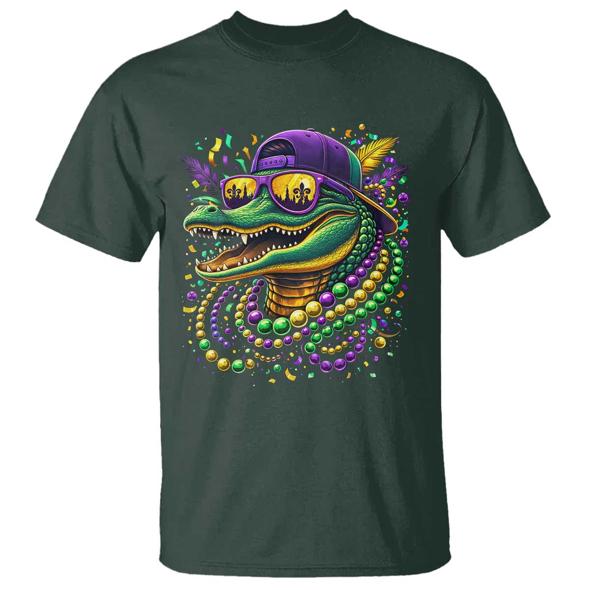 Mardigator Mardi Gras Alligator Carnival Beads T Shirt TS11 Dark Forest Green Print Your Wear
