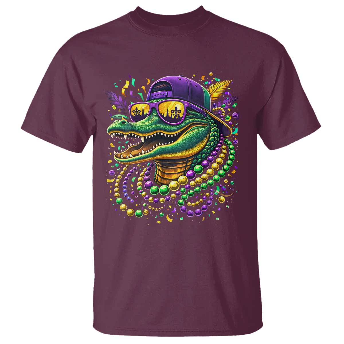 Mardigator Mardi Gras Alligator Carnival Beads T Shirt TS11 Maroon Print Your Wear