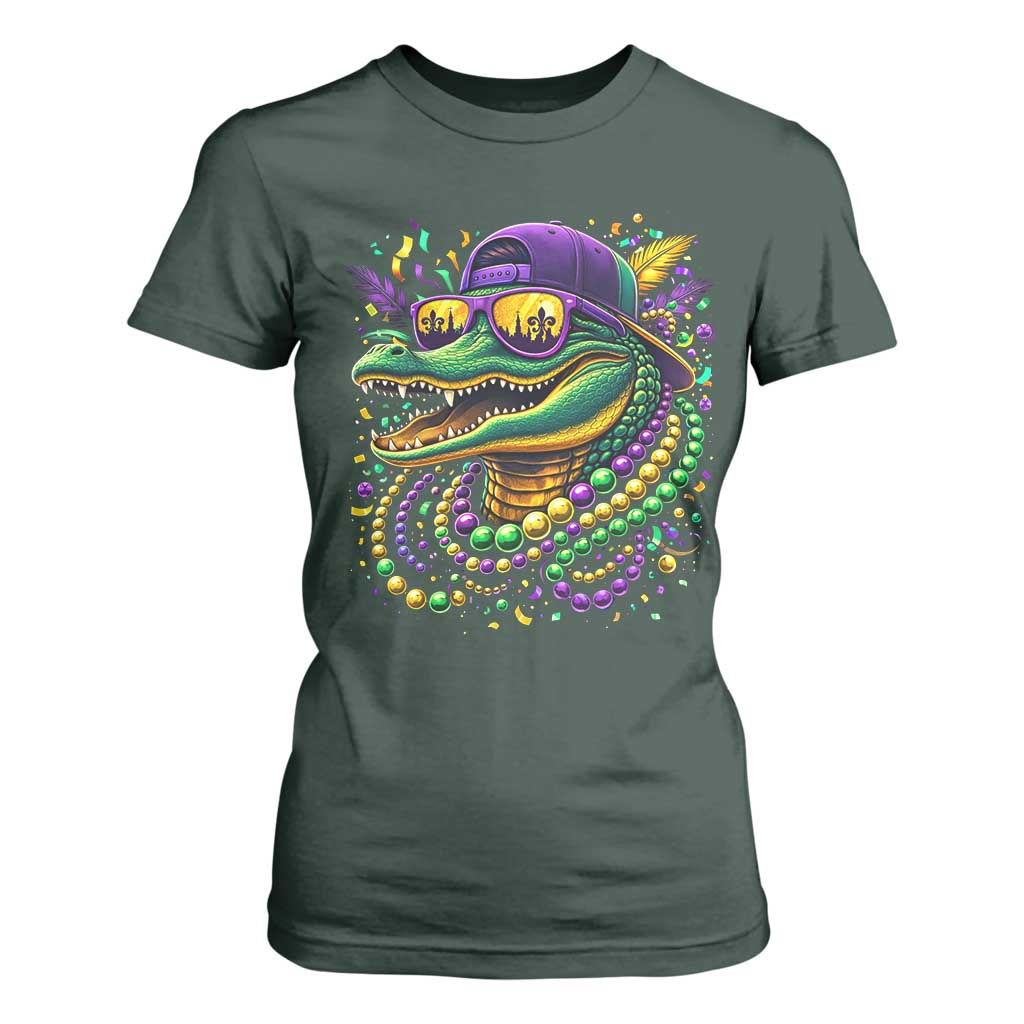 Mardigator Mardi Gras Alligator Carnival Beads T Shirt For Women TS11 Dark Forest Green Print Your Wear