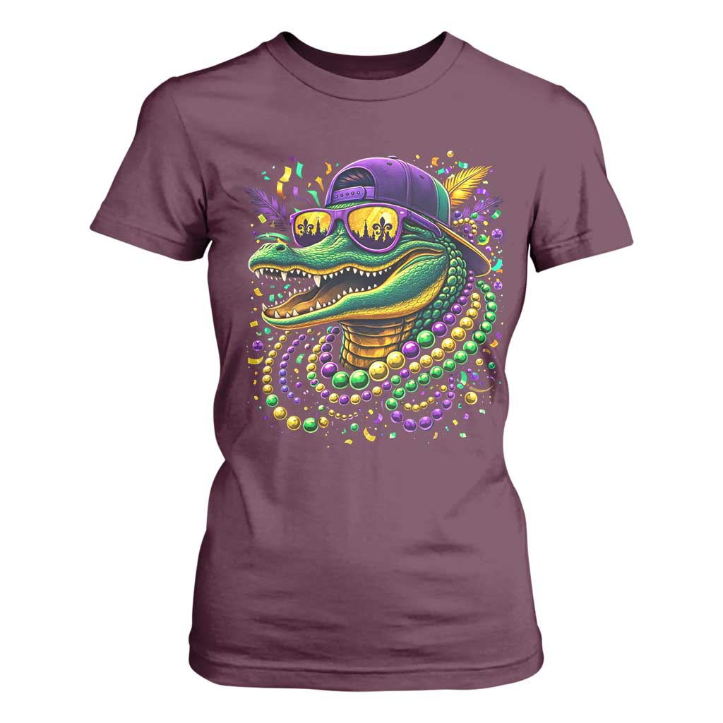 Mardigator Mardi Gras Alligator Carnival Beads T Shirt For Women TS11 Maroon Print Your Wear