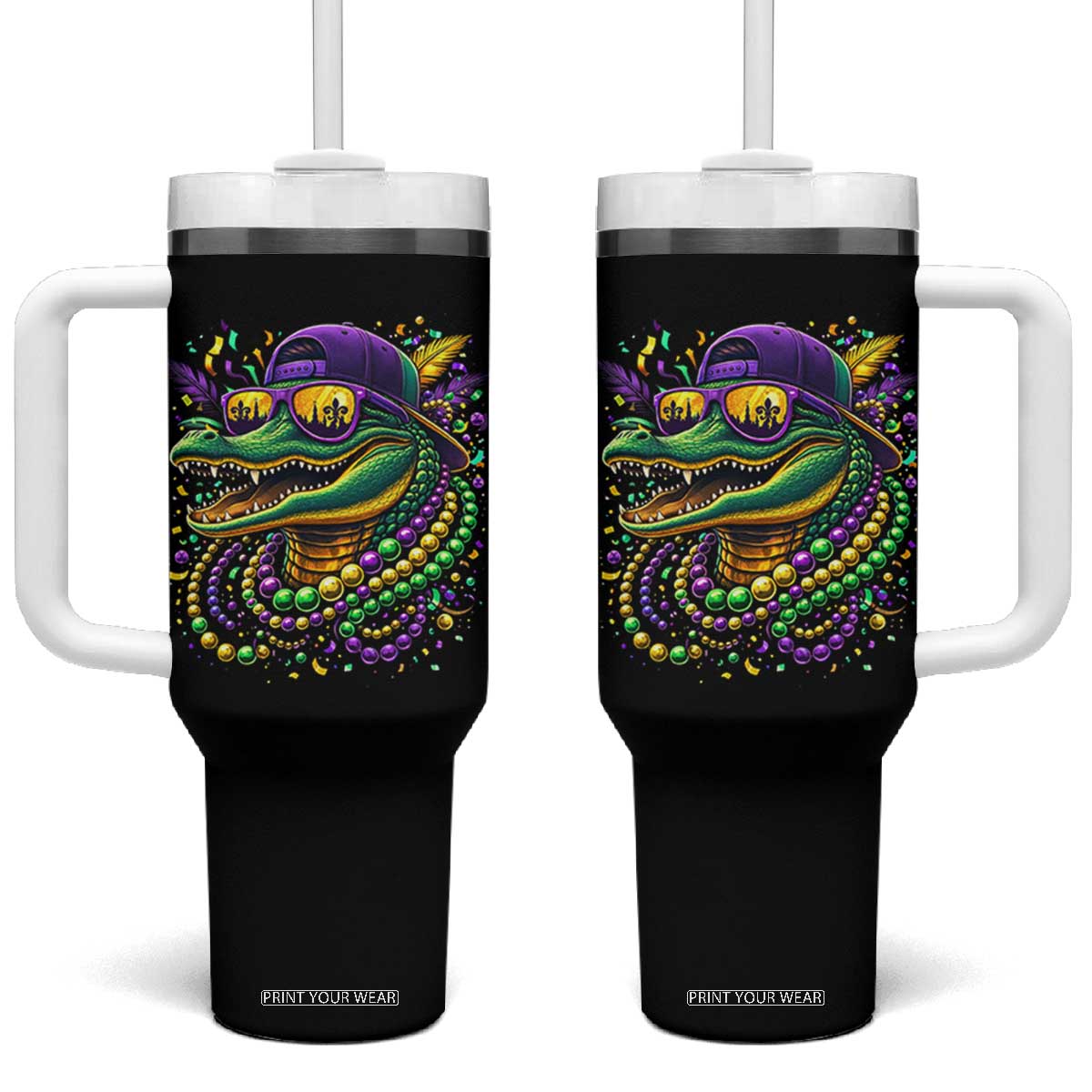 Mardigator Mardi Gras Alligator Carnival Beads Tumbler With Handle TS11 One Size: 40 oz Black Print Your Wear