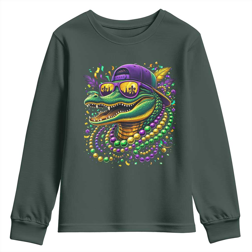 Mardigator Mardi Gras Alligator Carnival Beads Youth Sweatshirt TS11 Dark Forest Green Print Your Wear
