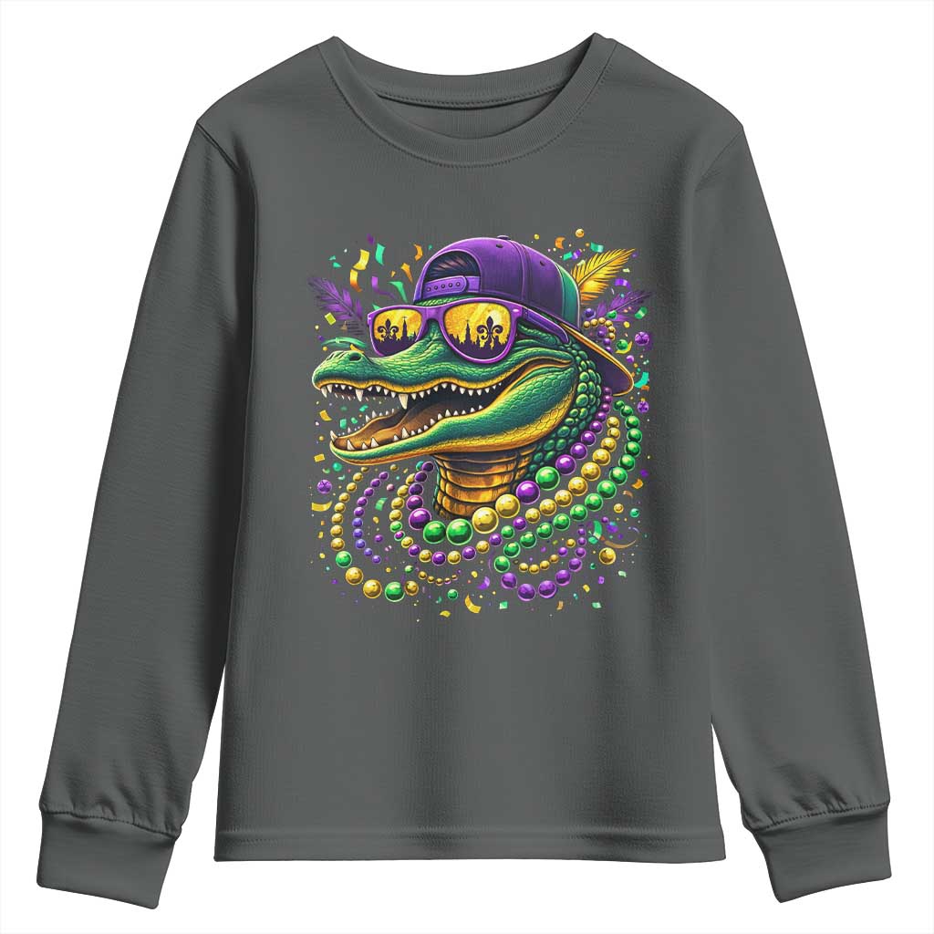 Mardigator Mardi Gras Alligator Carnival Beads Youth Sweatshirt TS11 Dark Heather Print Your Wear