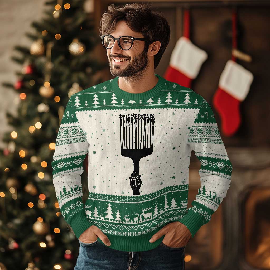 Afro Pick Comb Strong Black Power Fist Ugly Christmas Sweater TS11 Beige Green Print Your Wear