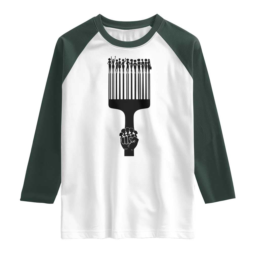 Afro Pick Comb Strong Black Power Fist Raglan Shirt TS11 White Dark Forest Green Print Your Wear