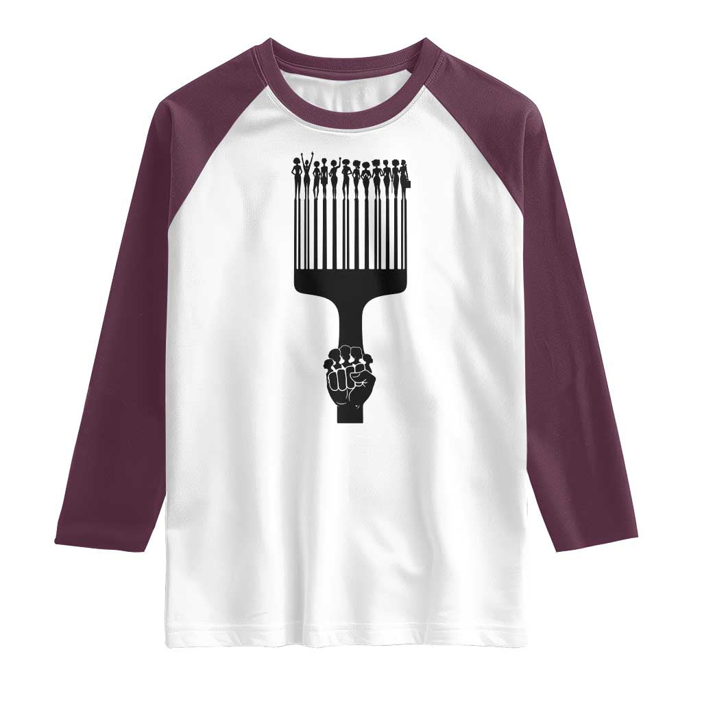 Afro Pick Comb Strong Black Power Fist Raglan Shirt TS11 White Maroon Print Your Wear