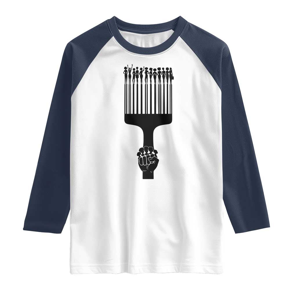Afro Pick Comb Strong Black Power Fist Raglan Shirt TS11 White Navy Print Your Wear